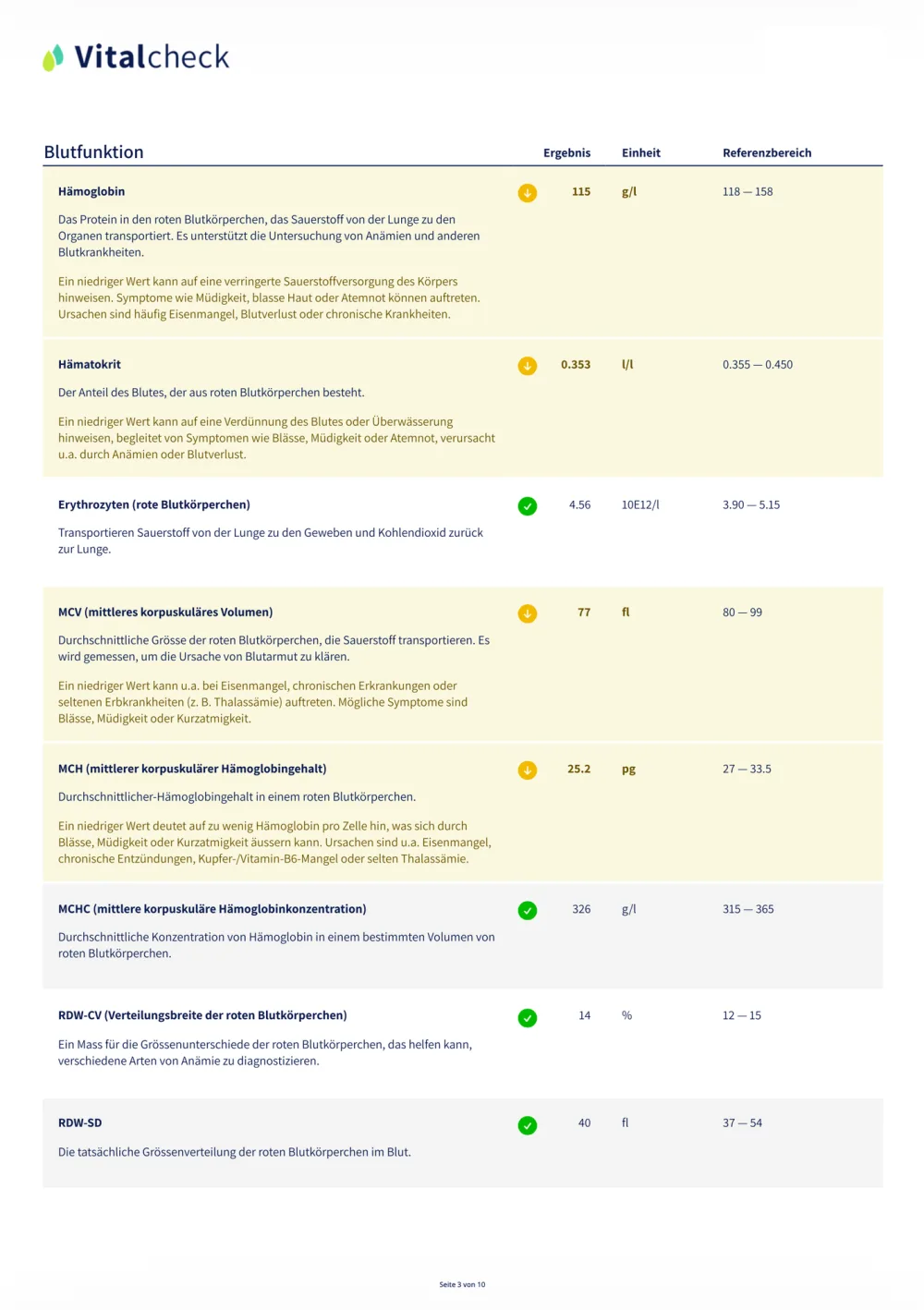 Vitalcheck Laborbericht – jeder Wert mit Referenzbereich und Einordnung